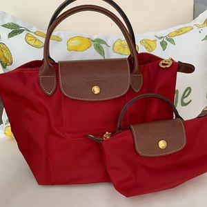 Longchamp small tote AND pouch with top handle- red